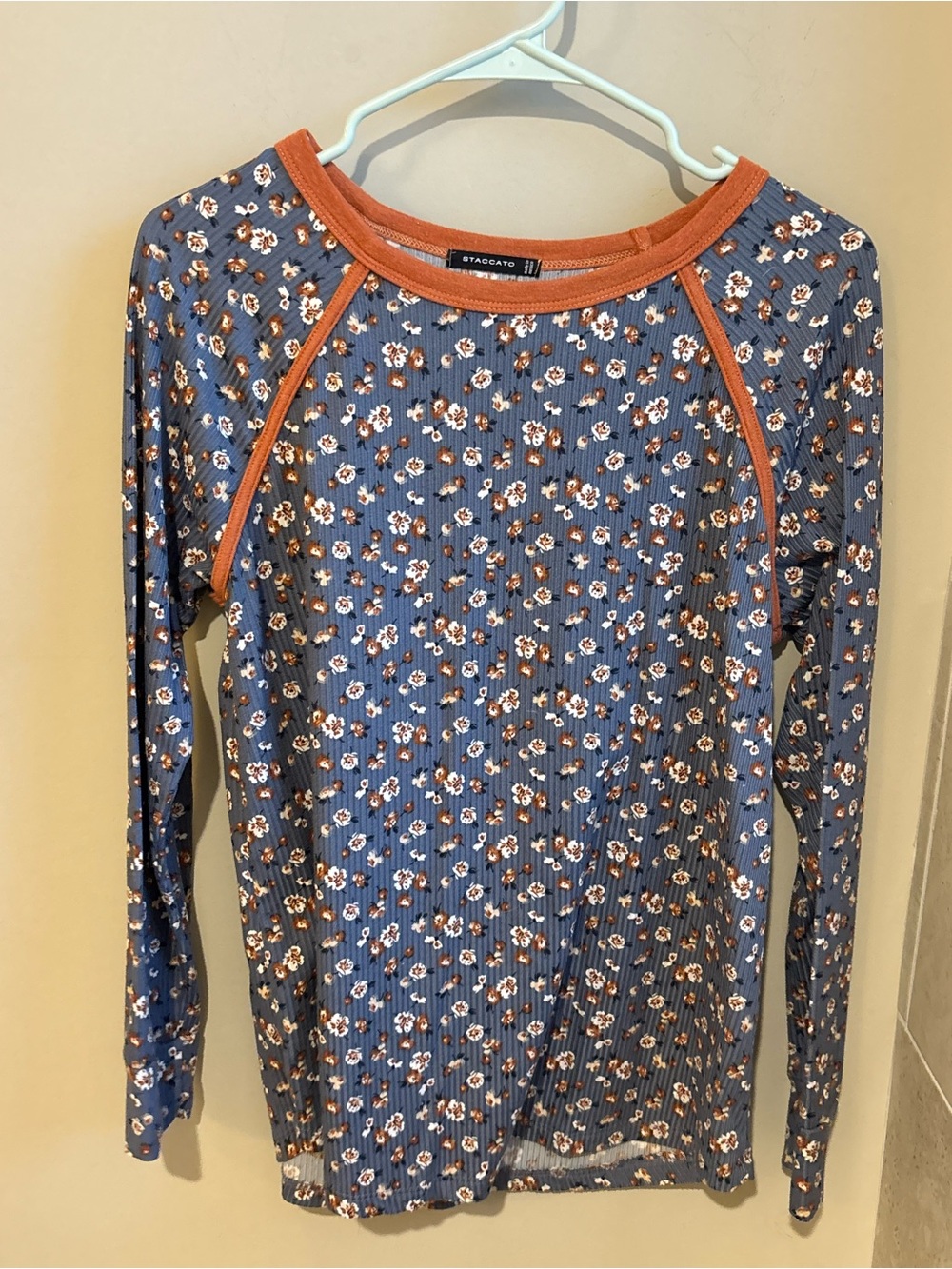 Staccato Blue Floral Ribbed Long-Sleeve Tee with Rust Trim